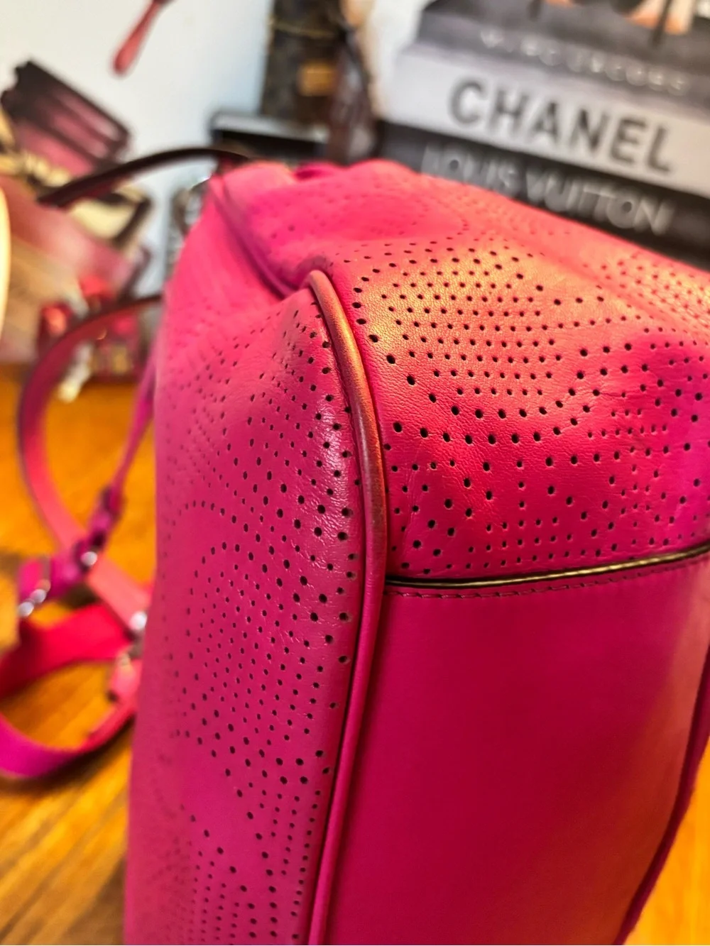 Coach F23241 Pink Perforated Leather Convertible Hobo Crossbody Bag